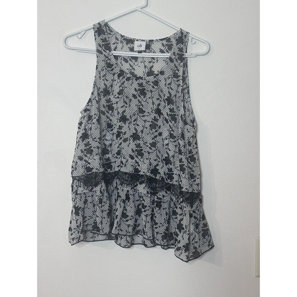 CAbi Black & White Floral Lace Ruffle Scoop Neck Sleeveless Tank Top Size S